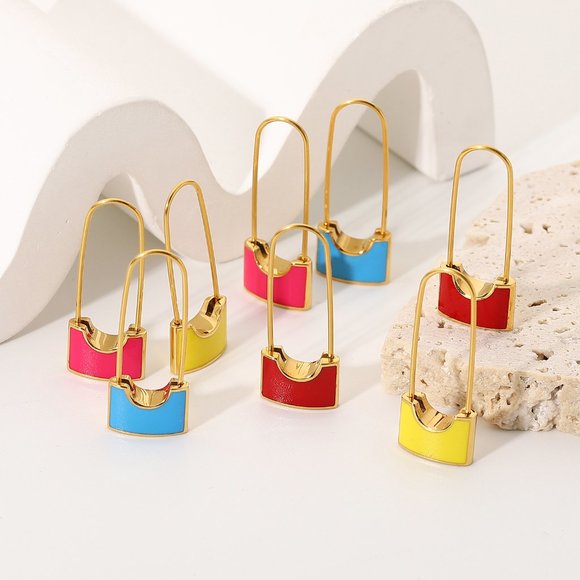 Red Safety Pin Lock‎ Drop Dangle Earrings 18K Gold Plated Stainless Steel - Picture 10 of 10